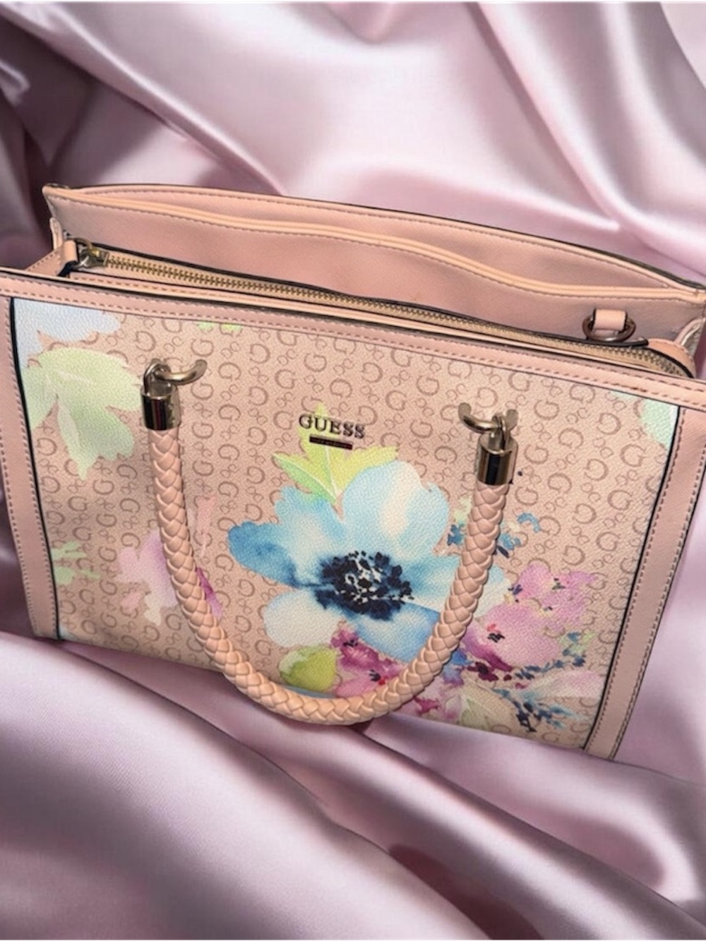 GUESS Pink Floral Logo Tote with Braided Handles